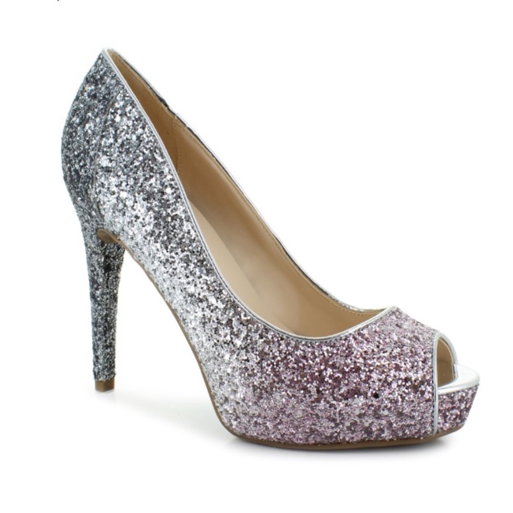 New Marc Fisher Glitter Ombré Pink Silver Peep Toe Heel